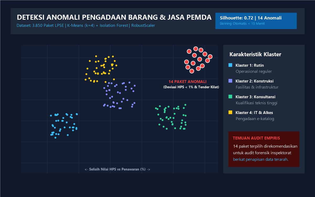 Diagram pencar klastering paket pengadaan LPSE dan penandaan 14 paket anomali tinggi